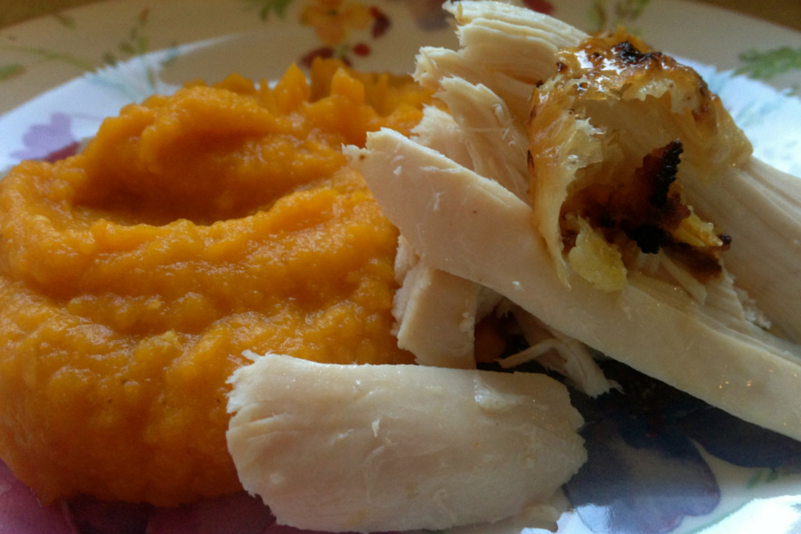 Roast chicken and pumpkin puree
